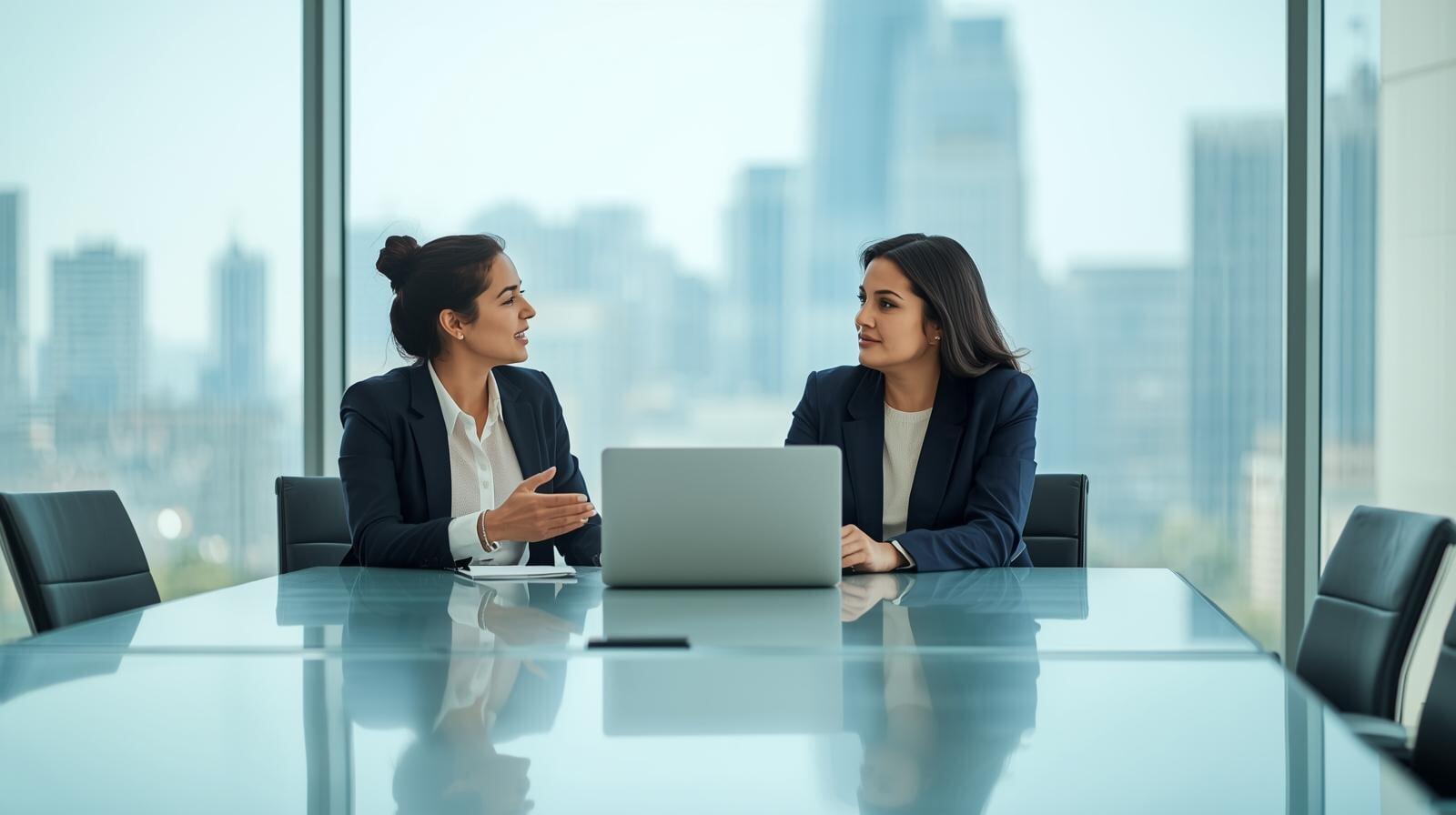 Two professional women having a consultation meeting in a modern boardroom with a city skyline view