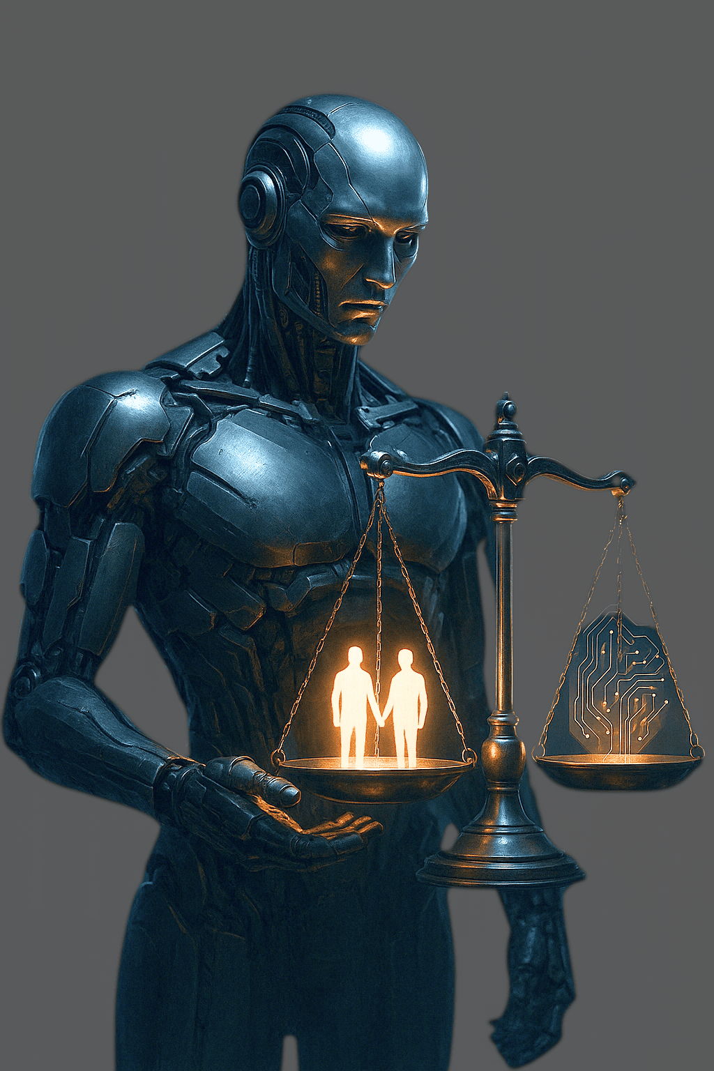 Hyper-realistic image of a futuristic humanoid robot holding glowing justice scales, symbolising the balance between AI innovation and ethical responsibility in 2025