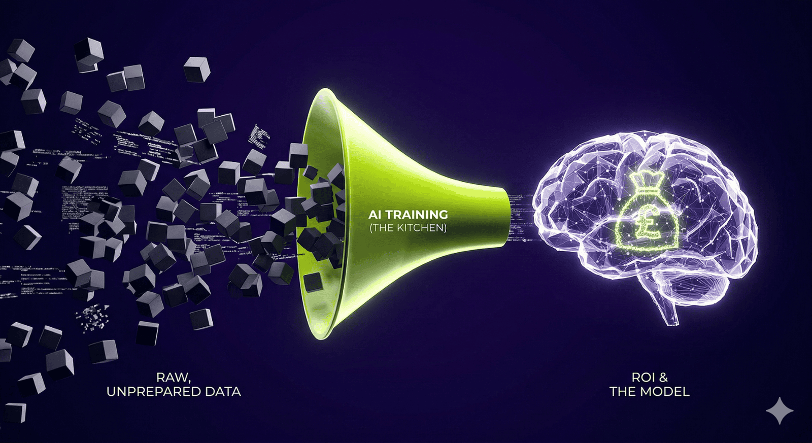 A high-end 3D conceptual render set against a deep violet background. On the left, chaotic dark grey cubes labeled 'RAW, UNPREPARED DATA' flow into a large, glowing electric lime funnel labeled 'AI TRAINING (THE KITCHEN)'. Emerging from the funnel is a sophisticated, translucent glowing neural network brain labeled 'ROI & THE MODEL,' featuring a bright electric lime money bag icon with a British Pound (£) symbol at its center. This symbolises the transformation of raw data into business value.