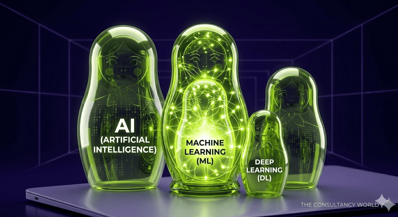 A high-end 3D digital blueprint of nested Russian Matryoshka dolls rendered as glowing Electric Lime (#C8FF00) glass structures. The dolls sit on a Deep Violet (#0B0030) platform against a digital grid background. The largest doll is labeled 'AI (ARTIFICIAL INTELLIGENCE)'; the brighter middle doll is labeled 'MACHINE LEARNING (ML)' and contains a visible neural network; the smallest, brightest doll at the center is labeled 'DEEP LEARNING (DL)'. The 'The Consultancy World' watermark is in the bottom-right corner.