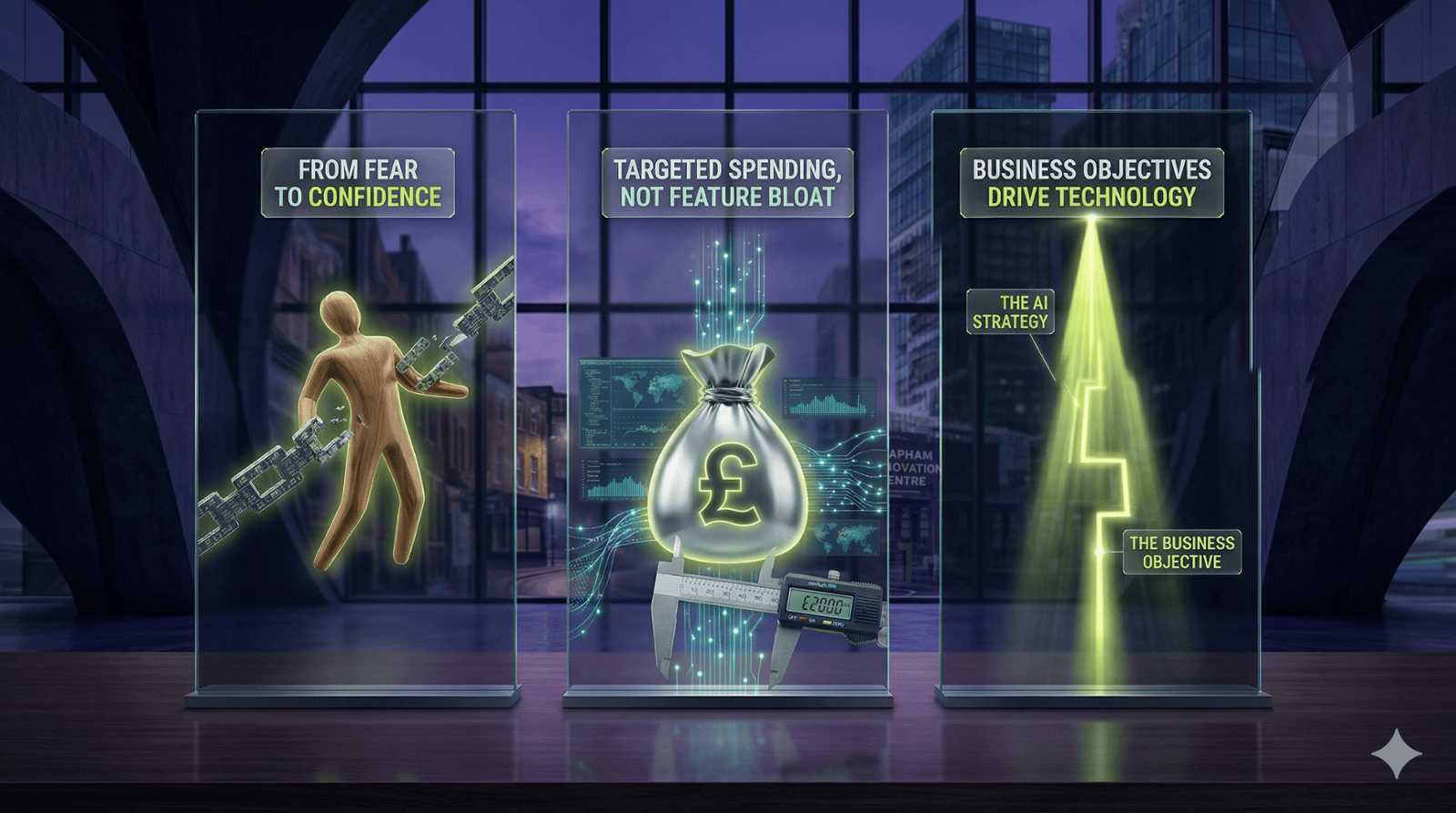 A high-end 3D conceptual render set in a modern dusk-lit office. Three vertical glass panels stand on a wooden desk, each displaying a key strategic message in Electric Lime (#C8FF00) and white text. The first panel, 'FROM FEAR TO CONFIDENCE,' shows a human figure shedding mechanical constraints. The second, 'TARGETED SPENDING, NOT FEATURE BLOAT,' features a silver money bag with a British Pound (£) symbol being measured by digital calipers. The third, 'BUSINESS OBJECTIVES DRIVE TECHNOLOGY,' shows a glowing path leading to a central goal. The London skyline is visible through the window.