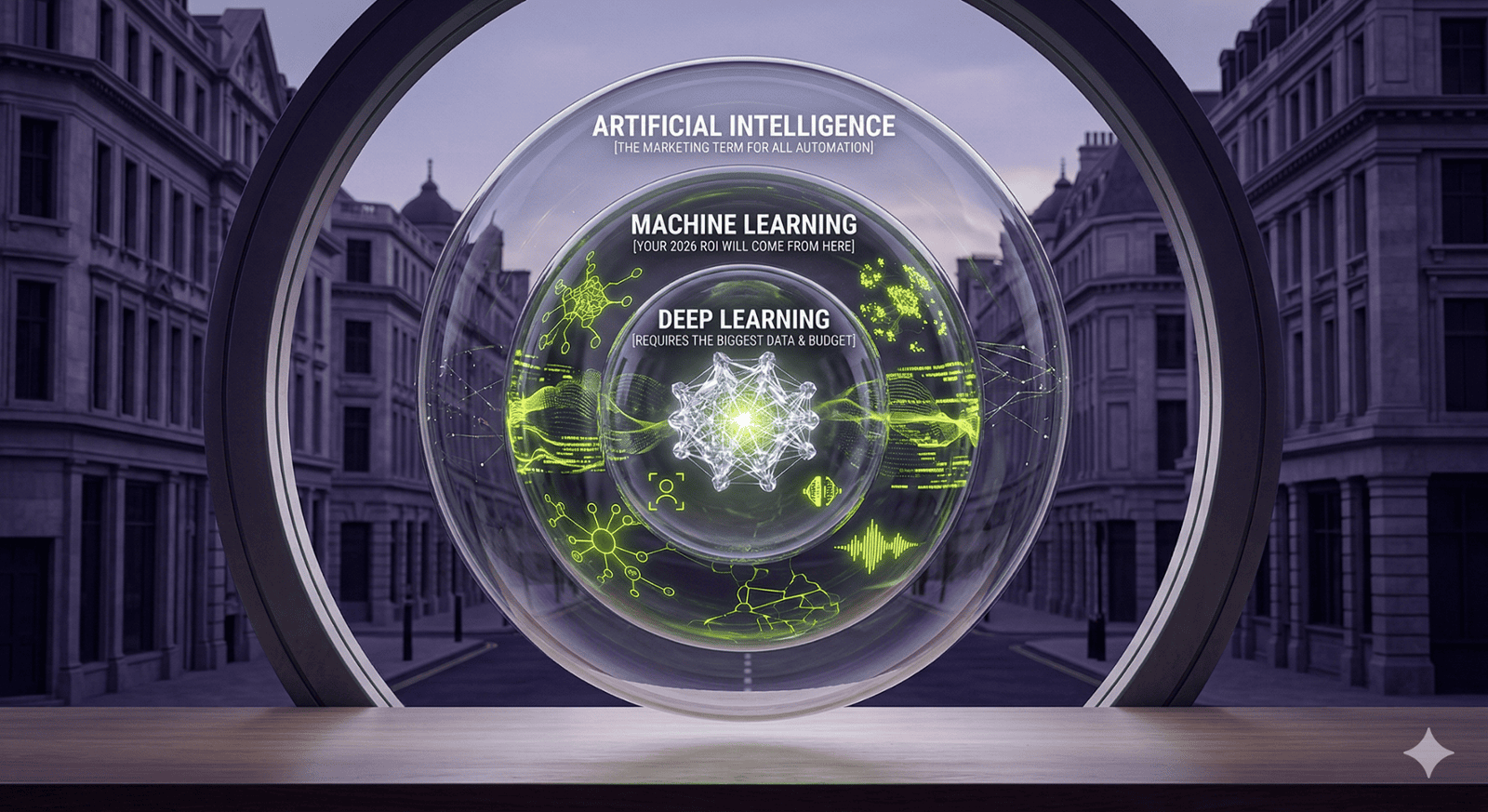 A high-end conceptual 3D render viewed through a circular office window overlooking a classic European street. Centered in the frame is a glowing glass sphere containing three nested layers of technology. The outer layer is labeled 'ARTIFICIAL INTELLIGENCE', the middle layer is 'MACHINE LEARNING', and the bright, complex core is 'DEEP LEARNING'. Each layer includes executive subtext regarding ROI and budget requirements, rendered in a palette of Deep Violet and Electric Lime to symbolize the strategic lens of The Consultancy World.