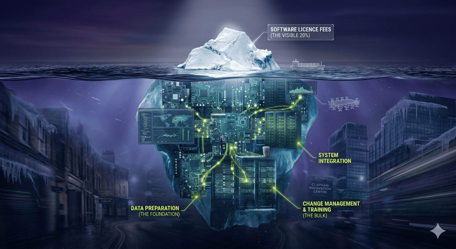 A cinematic 3D render of a digital iceberg in a Deep Violet (#0B0030) sea. Above the water, a small tip labeled 'SOFTWARE LICENSES' represents visible costs. Beneath the surface, a massive, glowing Electric Lime (#C8FF00) section reveals the hidden 80% of AI investment, including 'DATA PREPARATION,' 'INTEGRATION,' and 'CHANGE MANAGEMENT,' symbolizing the true total cost of ownership for AI projects.