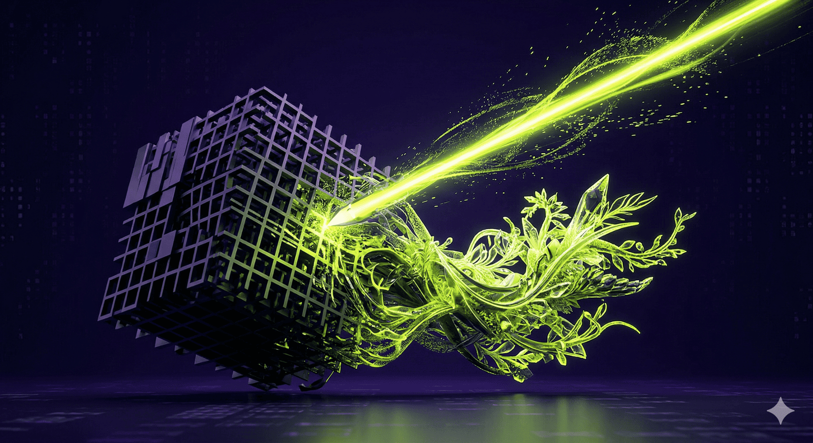 A cinematic 3D conceptual render set against a deep violet background. On the left, a rigid, industrial grey data cube represents traditional analysis. A high-precision energy beam in Electric Lime (#C8FF00) strikes the cube, causing it to burst into vibrant, organic lime-green crystalline plants and foliage. This visual metaphor illustrates the transformative power of Generative AI to turn structured data into creative, organic solutions.