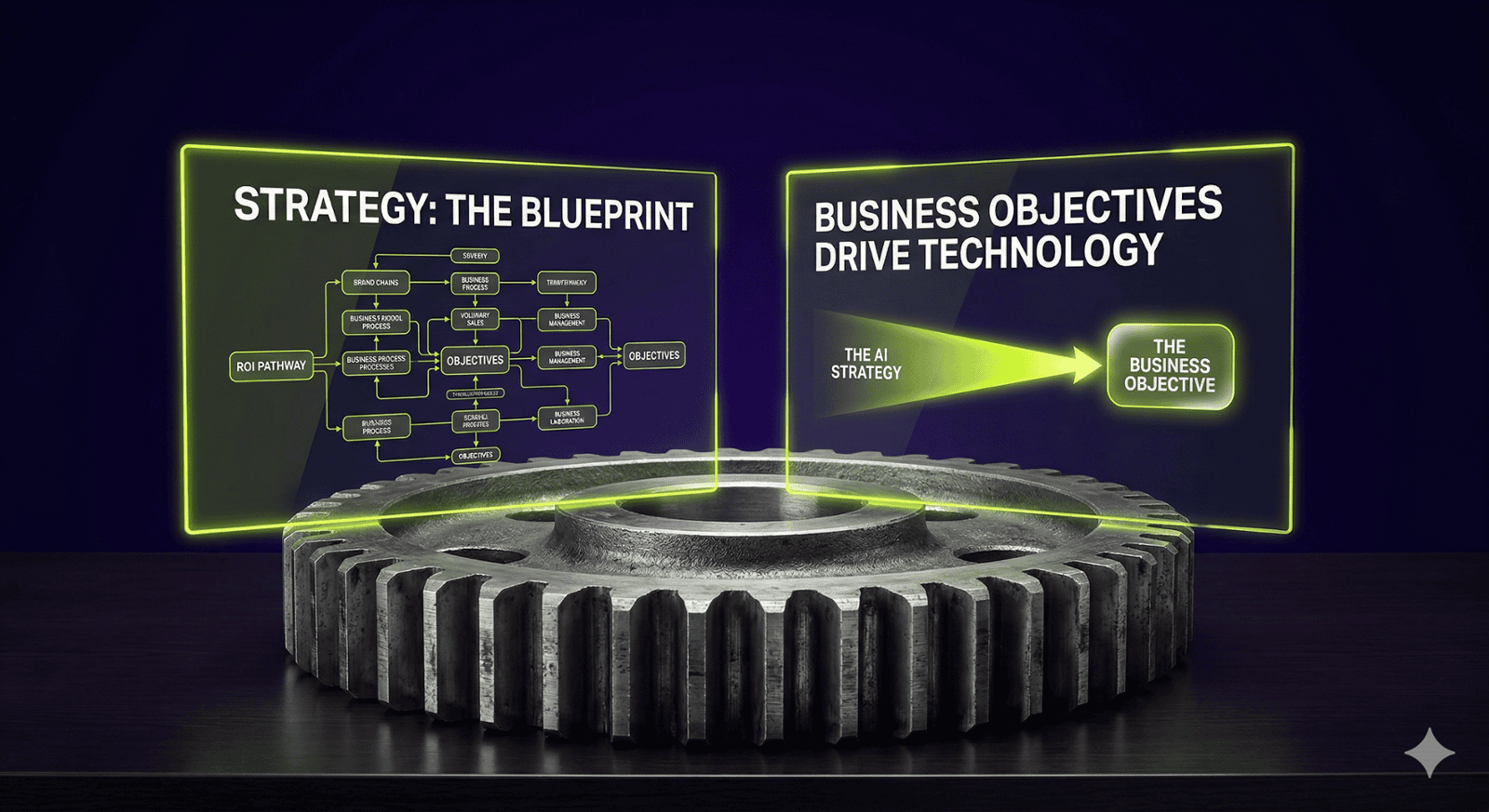 A high-end 3D conceptual render featuring a large, metallic mechanical gear sitting on a dark wooden desk. Two glowing electric lime glass screens emerge from the gear; the left screen displays a complex flowchart labeled 'STRATEGY: THE BLUEPRINT,' and the right screen shows a directed arrow labeled 'THE AI STRATEGY' pointing toward 'THE BUSINESS OBJECTIVE.' The background is a deep violet, emphasizing that business objectives must drive technology implementation.