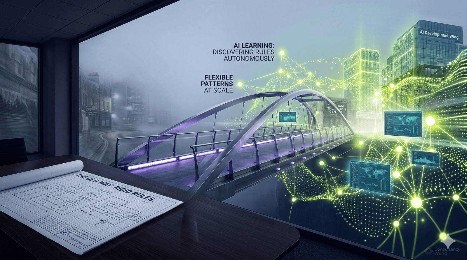 A stunning conceptual photograph from an executive office window, showing a physical architectural blueprint of 'THE OLD WAY' on a desk. Outside, a modern illuminated footbridge spans a canyon, physically transforming into a vibrant, glowing Electric Lime (#C8FF00) data-dot matrix of neural networks. Floating text labels the neural network as 'AI LEARNING: DISCOVERING RULES AUTONOMOUSLY' and 'FLEXIBLE PATTERNS AT SCALE,' with a digital 'twinning' of a cityscape in the background.